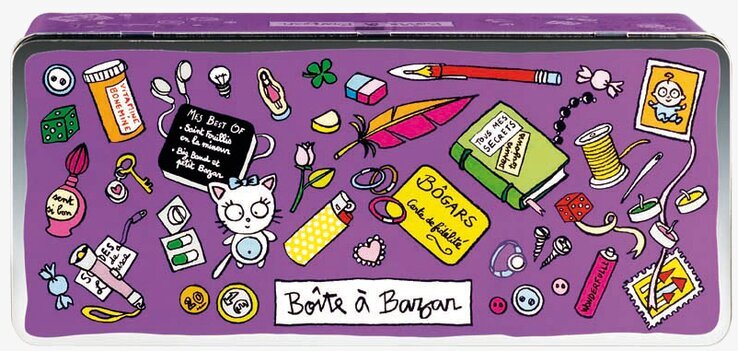 Plåtburk Prylar lila från Derriére la porte med illustrationer