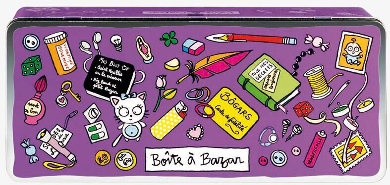 Plåtburk Prylar lila från Derriére la porte med illustrationer