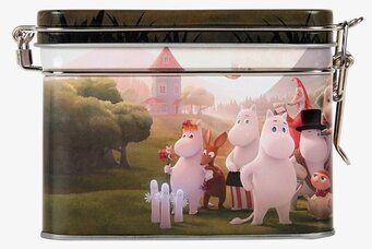 Bild av detaljrik plåtburk med Muminmotiv och snäpplock