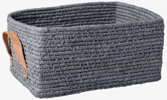 Foto av rektangulär blå raffiakorg med läderhandtag