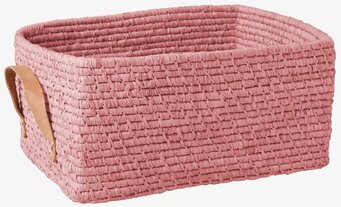 Bild av ljusrosa raffiakorg med läderhandtag