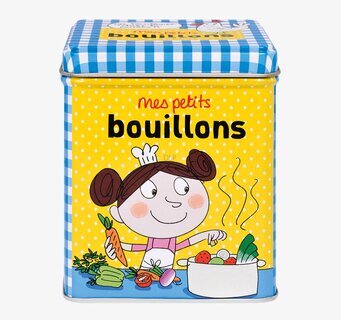 Plåtburk Buljong Gul från Derriére la porte med tecknad flicka