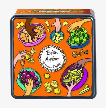 Foto av en livfull orange plåtburk med snacksdesign