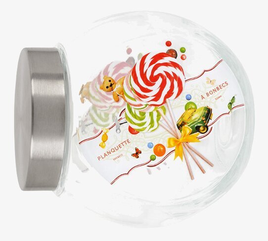 Bild på stilren glasburk för godis med lekfull design