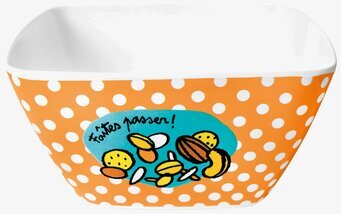 Bild på färgglad skål med prickar och snacksillustrationer