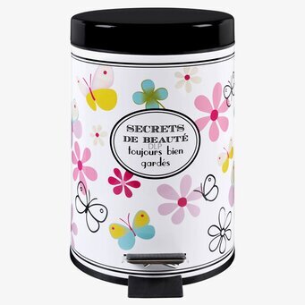 Bild av färgglad pedalhink med blommor och fjärilar