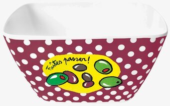 Bild av fyrkantig lila skål med prickar och olivmotiv