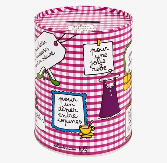 Plåtburk Spargris lila från Derriére la porte, rutmönster