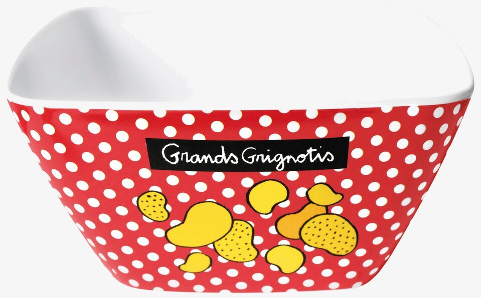 Bild av fyrkantig skål med röd och vit prickig design