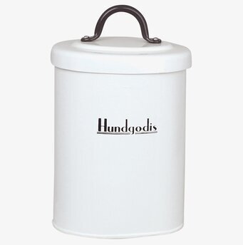 Plåtburk Ralf Hundgodis från Strömshaga på vit bakgrund