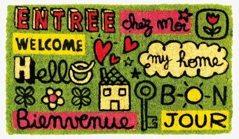 Bild av färgglad dörrmatta med lekfull design och motiv