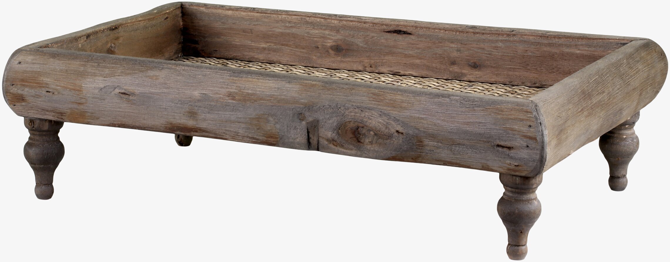 Foto av rustik träbricka med ben och flätad yta