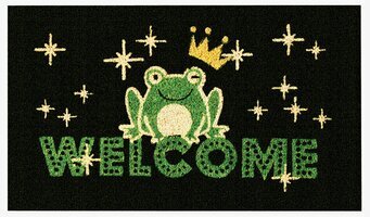 Bild av dörrmatta med groda och stjärnor i lekfull design