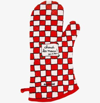 Bild av stilfull grytvante med rödvit köksruta design