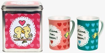 Bild av färgglad plåtburk och muggar med kärlekstema
