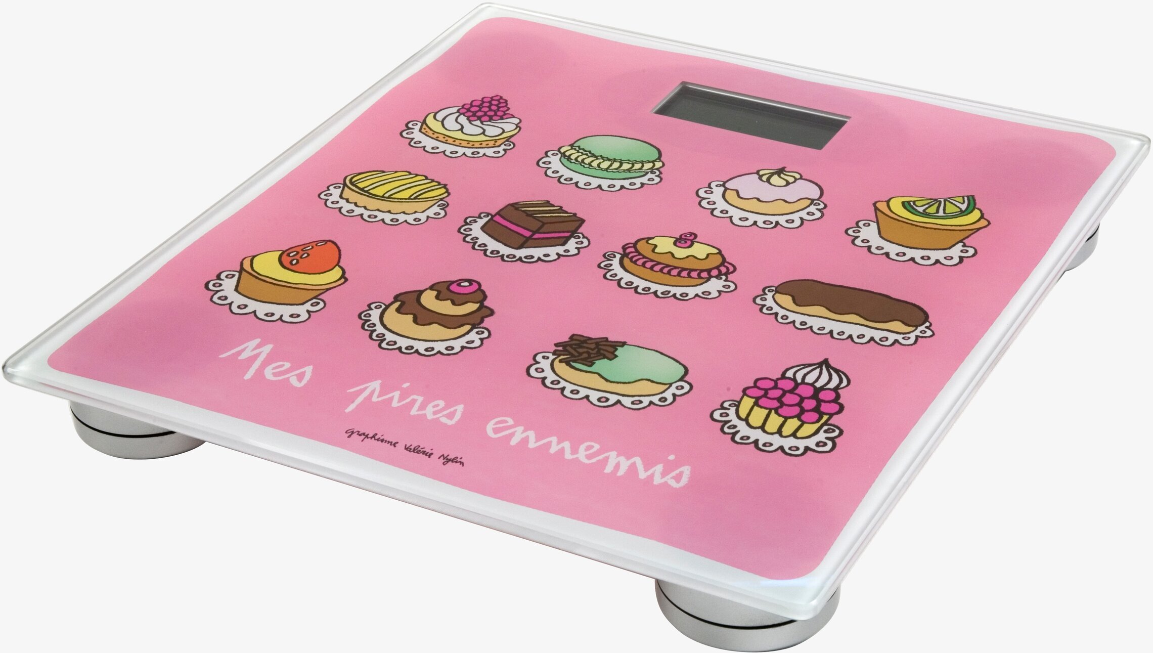 Bild av rosa badrumsvåg med bakverksillustrationer