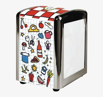 Bild av ett färgglatt och lekfullt servettställ i köket