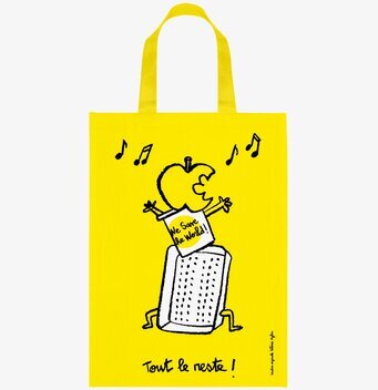 Bild av gul återvinningskasse med kreativ design