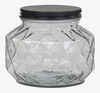 Bild av glasburk med geometriskt mönster och metallock