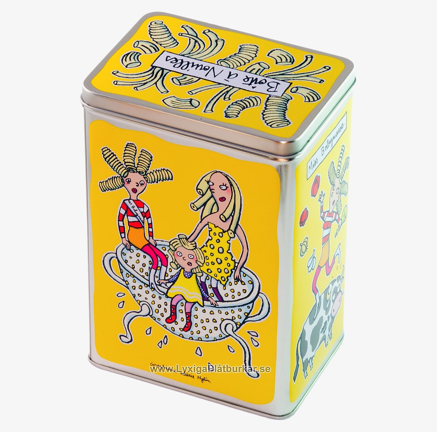 Plåtburk Makaroner gul från Derriére la porte med tecknade figurer