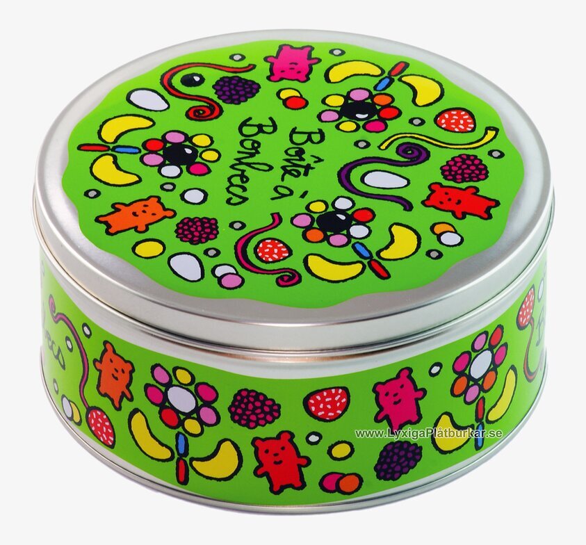 Plåtburk Godis grön från Derriére la porte med godismotiv