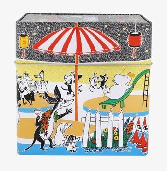 Bild av livfull och färgglad plåtburk med Mumin-tema