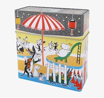 Bild av färgglad plåtburk med Mumin-motiv