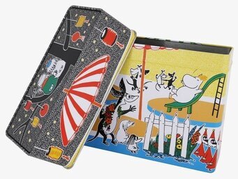 Bild av färgglad plåtburk med Muminmotiv för köket