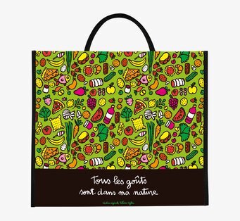 Bild av livlig shoppingväska med frukt- och grönsaksmotiv