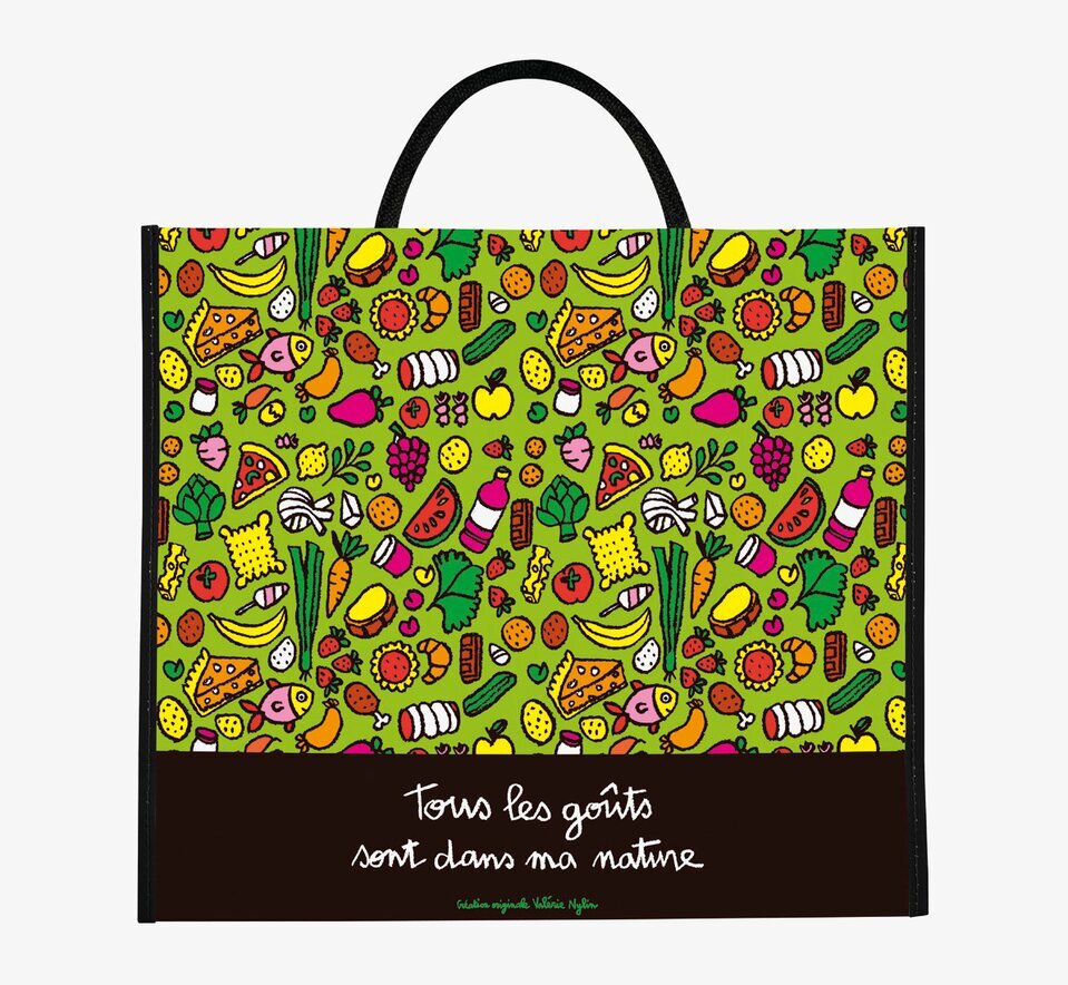 Bild av livlig shoppingväska med frukt- och grönsaksmotiv