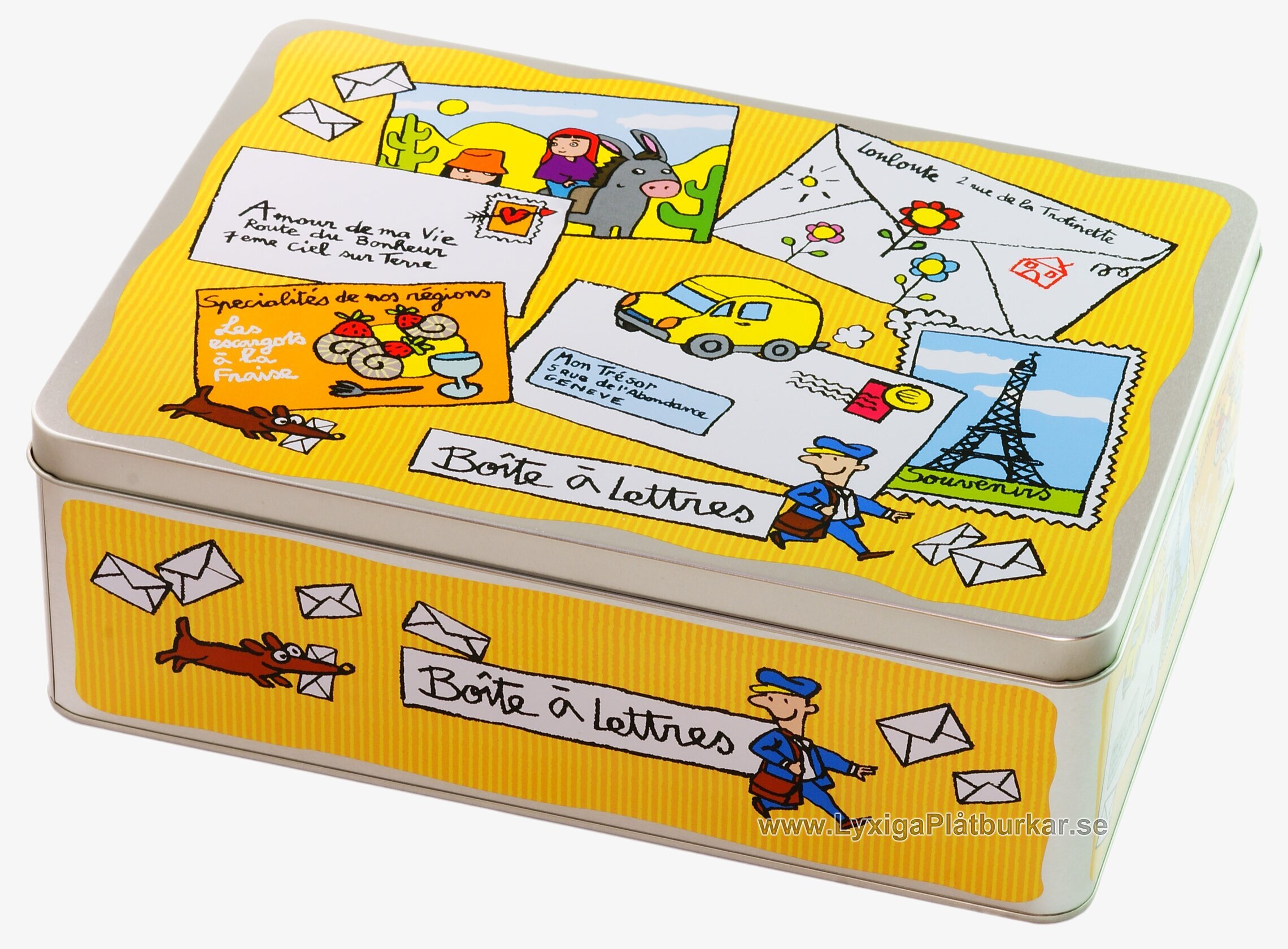Plåtburk Vykort gul från Derriére la porte med vykortstema