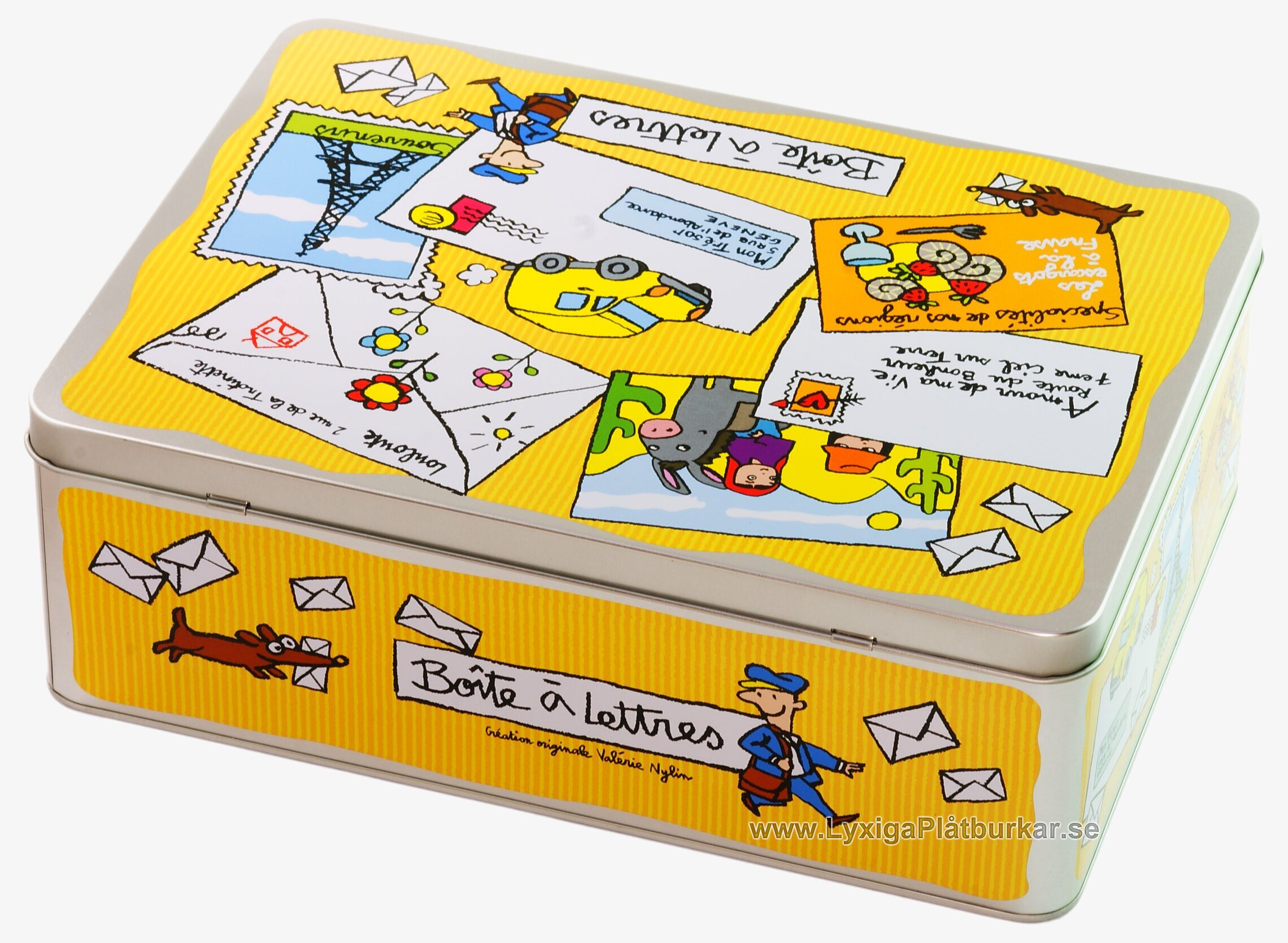 Plåtburk Vykort gul från Derriére la porte med livlig design