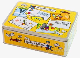 Plåtburk Vykort gul från Derriére la porte med livlig design