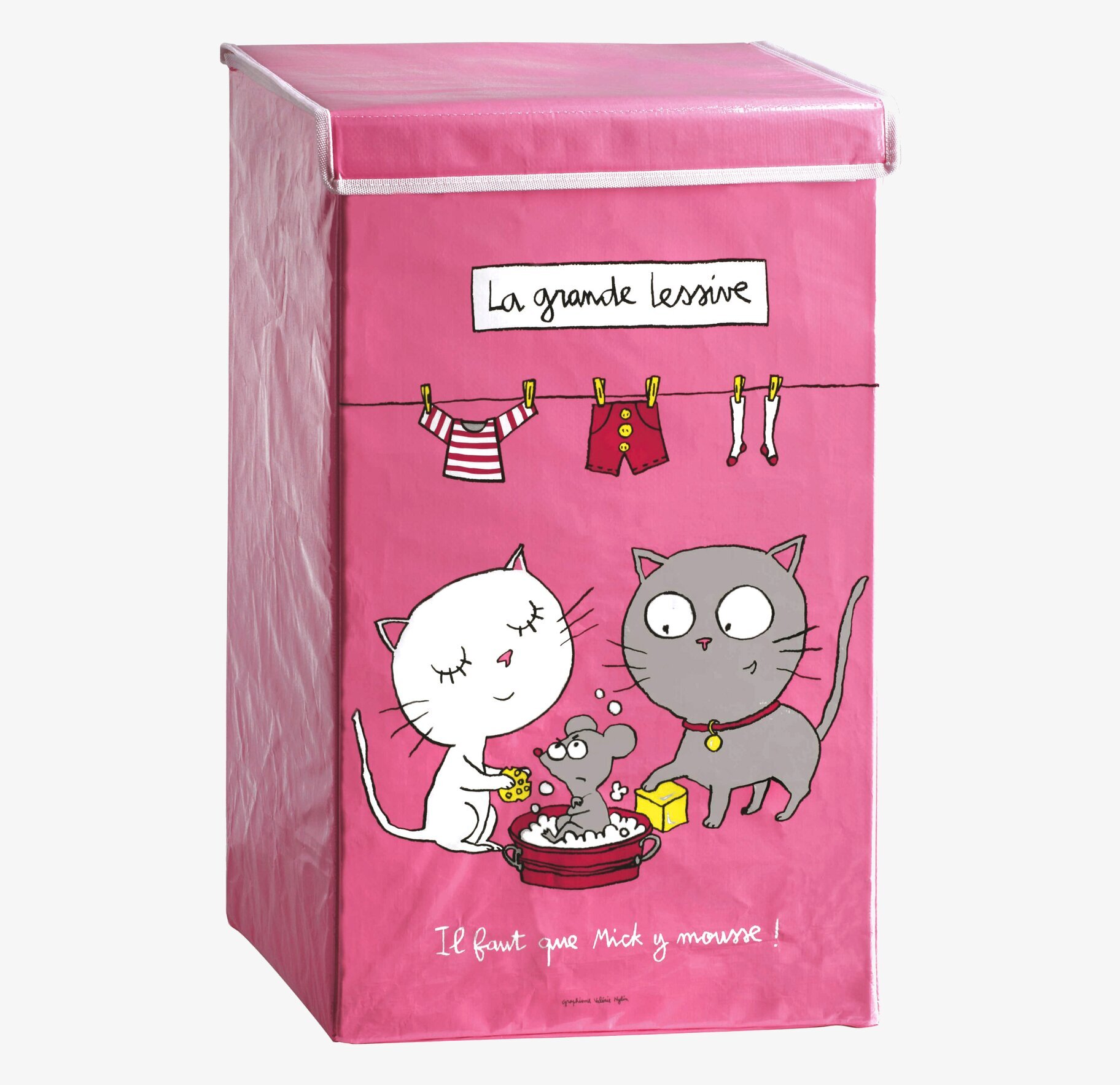 Bild av livfull rosa tvättkorg med katt- och råttmotiv