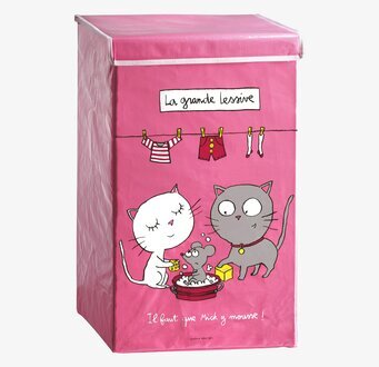 Bild av livfull rosa tvättkorg med katt- och råttmotiv