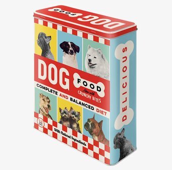 Plåtburk Dog Food #2 från Bromma Kortförlag, färgglad design