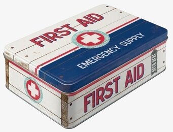 Plåtburk First Aid #2 från Bromma Kortförlag, vit med rött