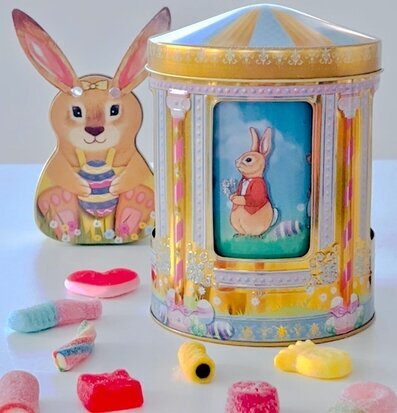 Plåtburk Speldosa Påsk från Bromma Kortförlag med påskhare