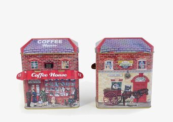 Plåtburk Markishus Coffee från Bromma Kortförlag, detaljrik