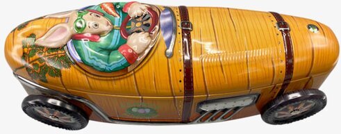 Plåtburk Rabbit Racer Boy från Bromma Kortförlag i metall