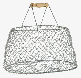 Foto av vikbar trådkorg med handtag och trädetalj