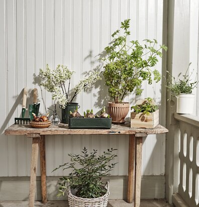 Redskapsburk Ingrid Grön från Strömshaga på trädgårdsbänk