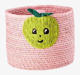 Bild av rund korg med rosa design och äppelmotiv