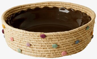 Bild av en stor, rund korg med färgglada prickar