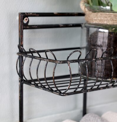 Foto av antiksvart hylla med rustik kruka och växt