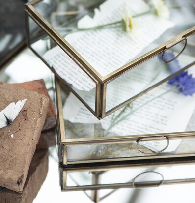 Foto av elegant glaslåda med mässingsdetaljer