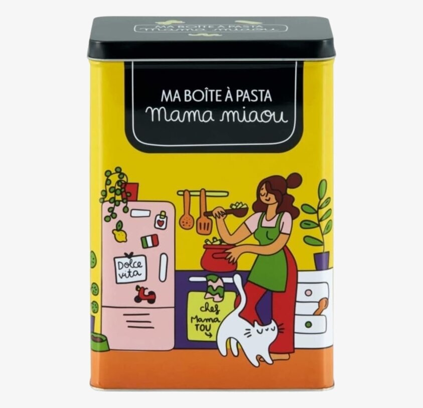 Plåtburk Pasta Miaou från Derriére la porte i köksmiljö