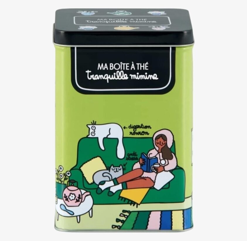 Plåtburk Te Miaou från Derriére la porte med gröna detaljer