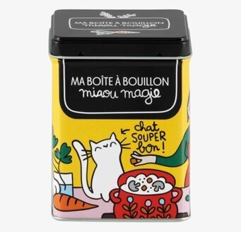 Plåtburk Buljong Miaou från Derriére la porte med kattmotiv