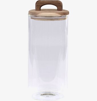 Bild av elegant glasburk med trälock och handtag